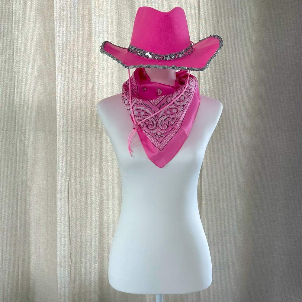 Pink Cowboy Hat Set with Glasses and Bandana